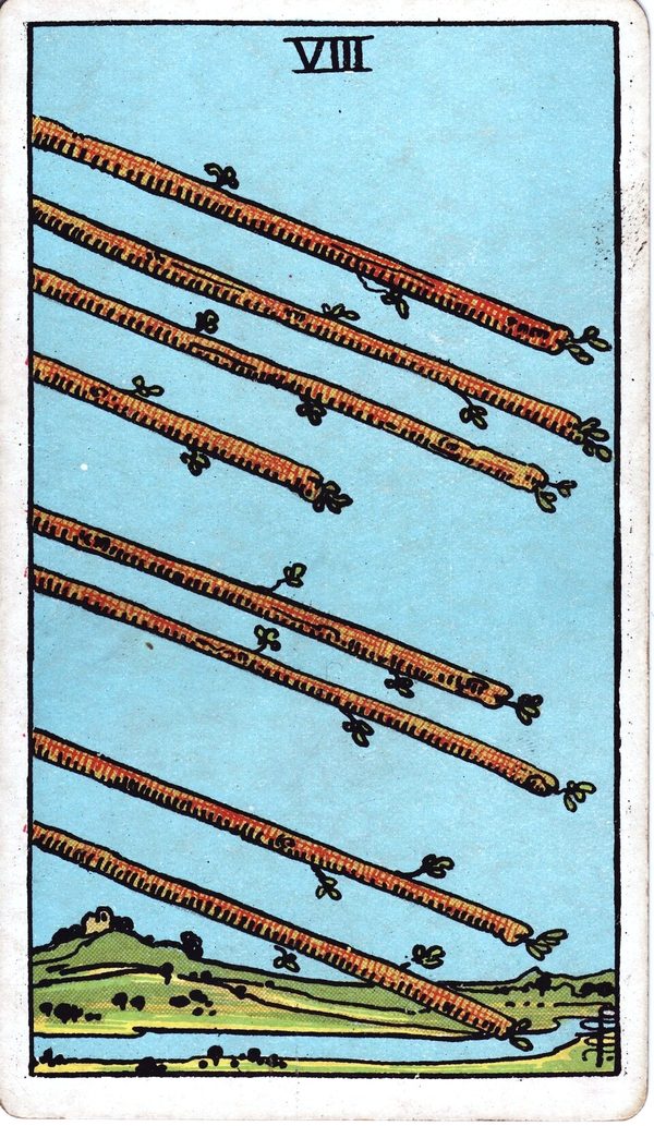 Eight of Wands from the original 1909 printing