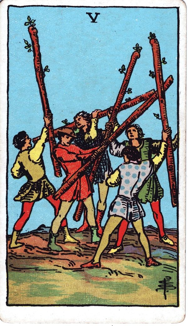 Five of Wands from the original 1909 printing