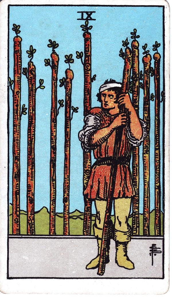 Nine of Wands from the original 1909 printing
