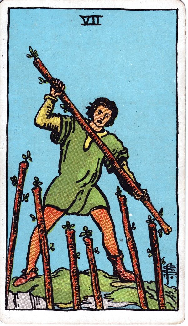 Seven of Wands from the original 1909 printing
