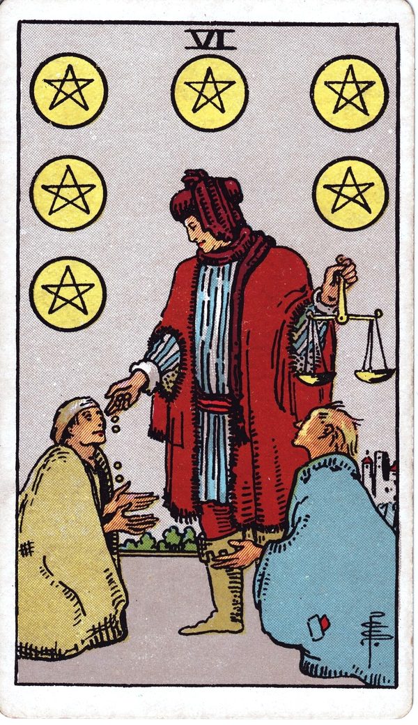 Six of Pentacles from the original 1909 printing