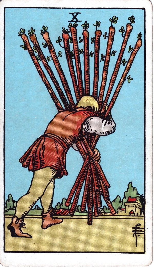 Ten of Wands from the original 1909 printing