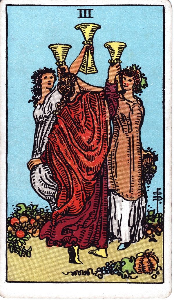 Three of Cups from the original 1909 printing