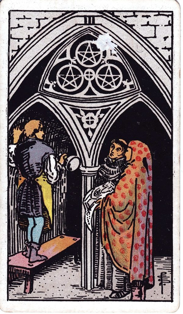 Three of Pentacles from the original 1909 printing